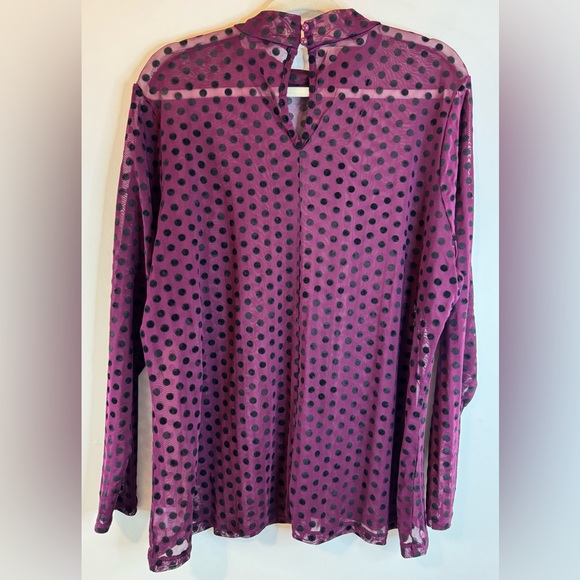 Lane Bryant Sheer Mock-Neck Mesh Purple with Black Polka Dots Long Sleeve Top - Picture 3 of 9